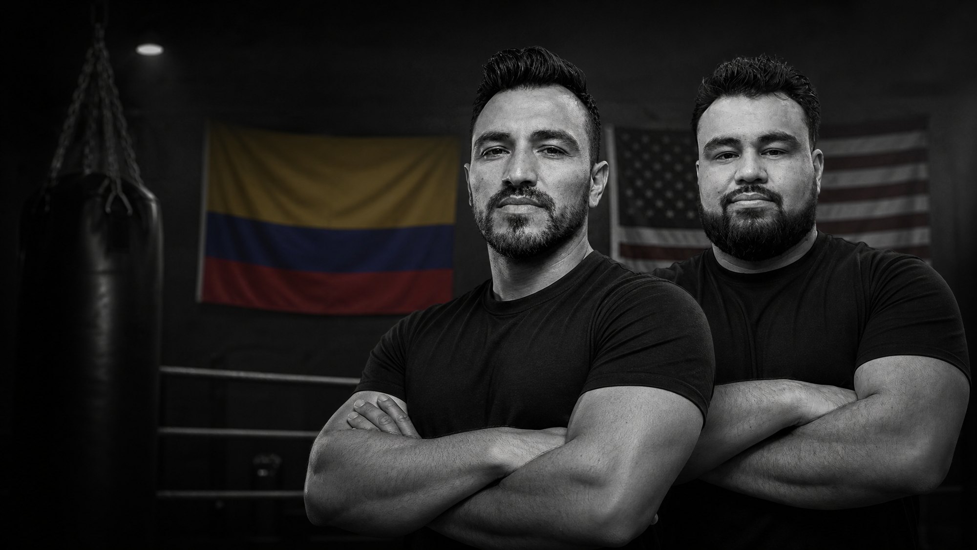 Coach O.G. and Coach JAG of Manos de Plomo Bros, arms crossed before the Colombian flag in their gym